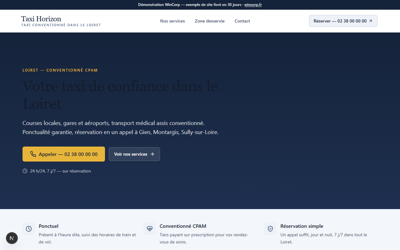 Page d'accueil du site de démonstration Taxi Horizon : hero bleu nuit, bouton d'appel proéminent.