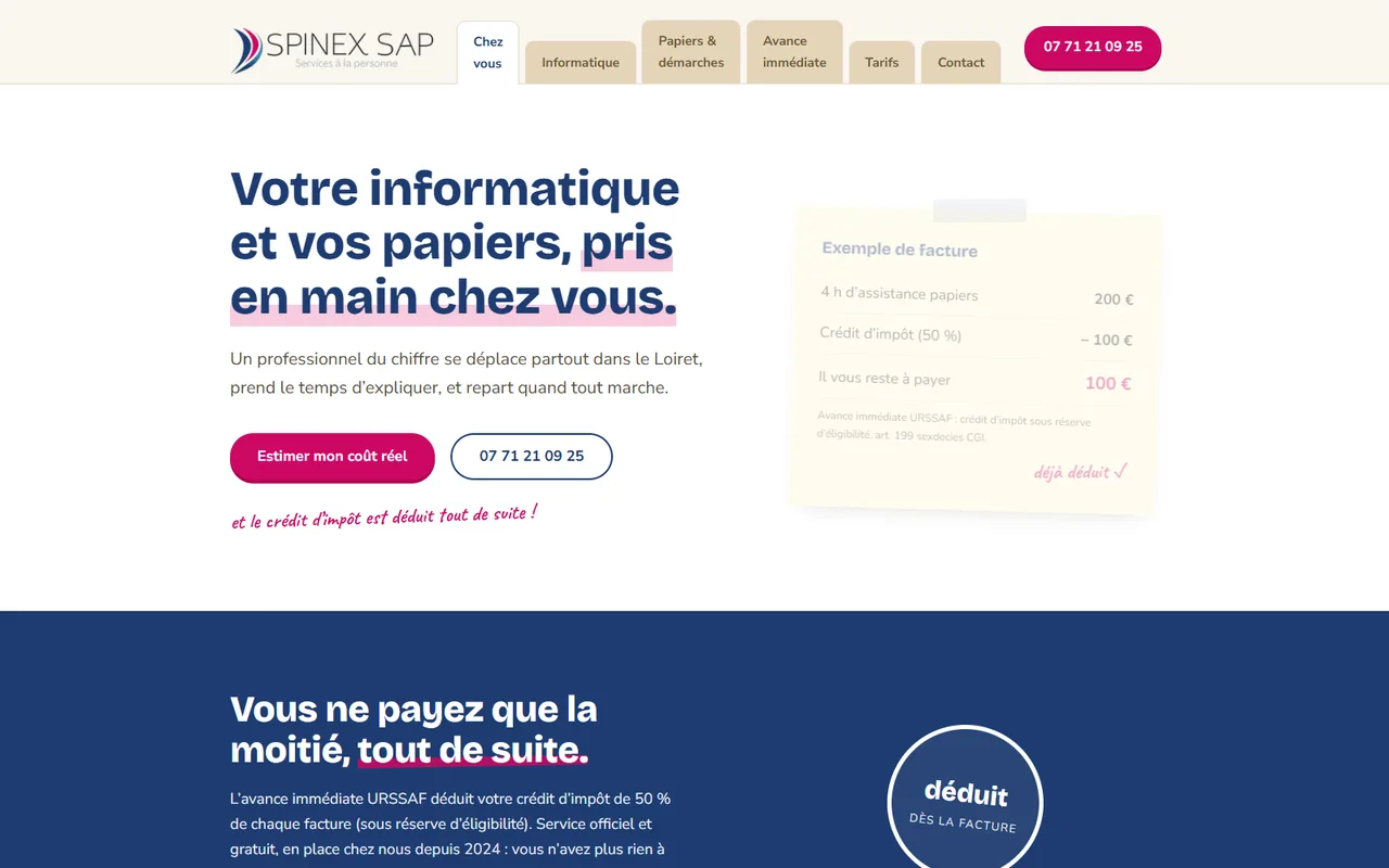 Page d'accueil de trimat-services.fr : héro crème SPINEX SAP, exemple de facture avec crédit d'impôt déjà déduit.